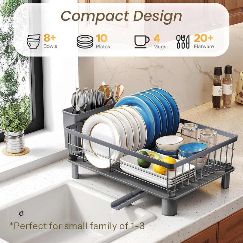 SNTD Dish Drying Rack - Small Dish Rack for Kitchen Counter, Stainless Steel Dish Drainer with Utensil Holder and Drainboard, 11" W x 15" L (Grey) - Image 3